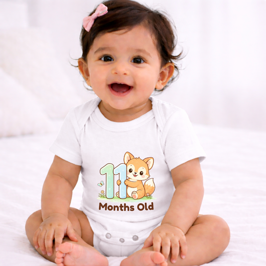11 Months Old Milestone Kids Rompers | 100% Cotton | Unisex Half Sleeves Text Printed Onesie