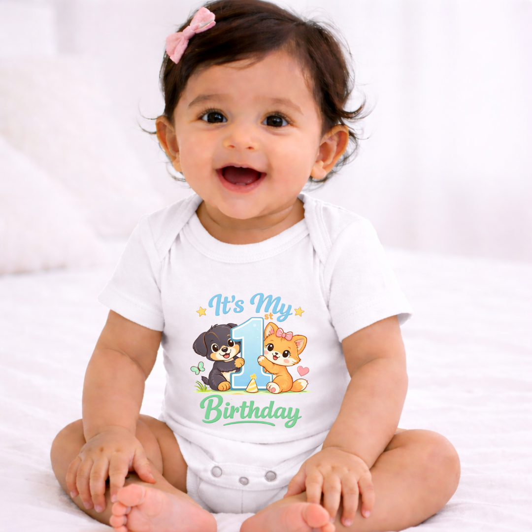 First Birthday Milestone  Kids Rompers | 100% Cotton | Unisex Half Sleeves Text  Printed Onesie