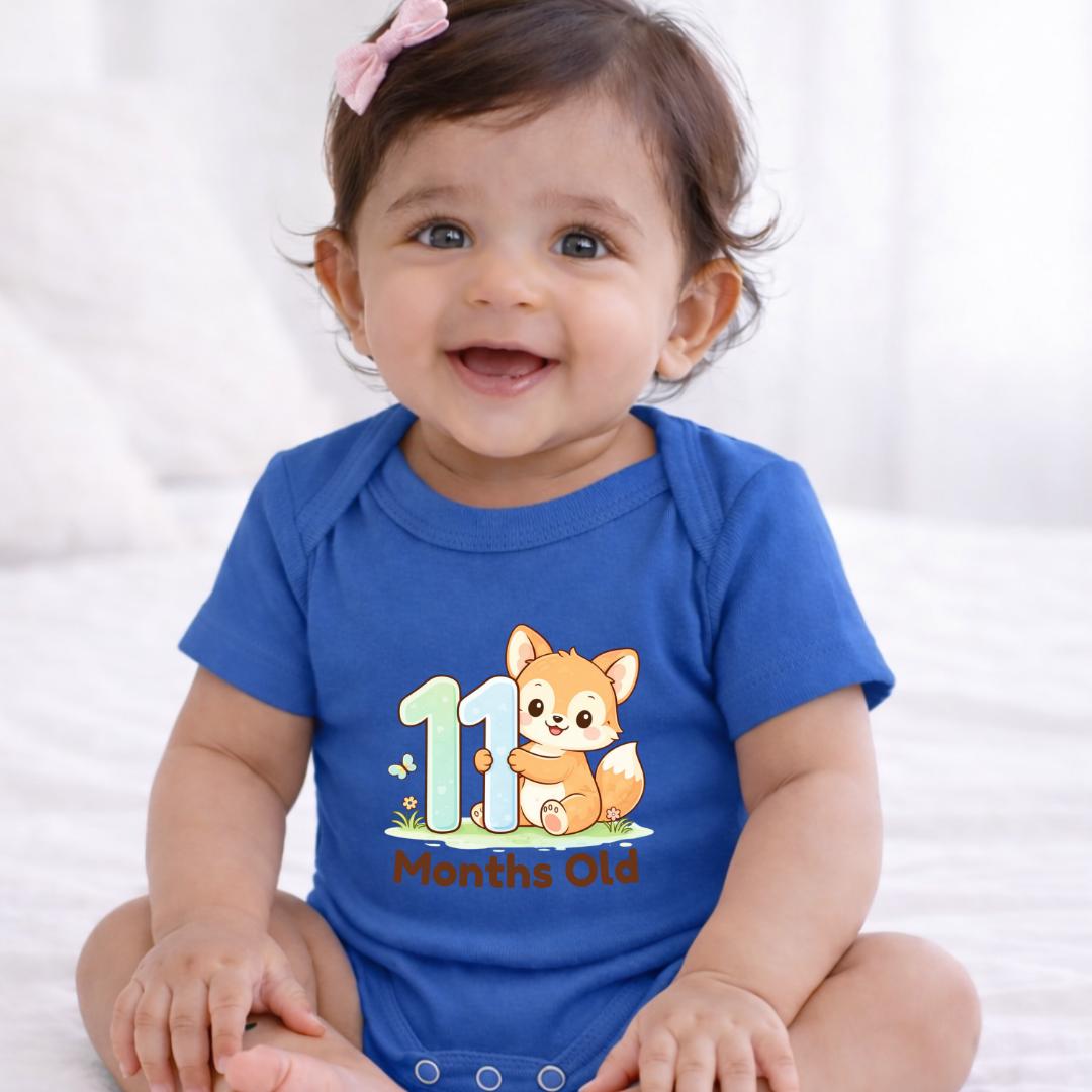 11 Months Old  Milestone Kids Rompers | 100% Cotton | Unisex Half Sleeves Text  Printed Onesie